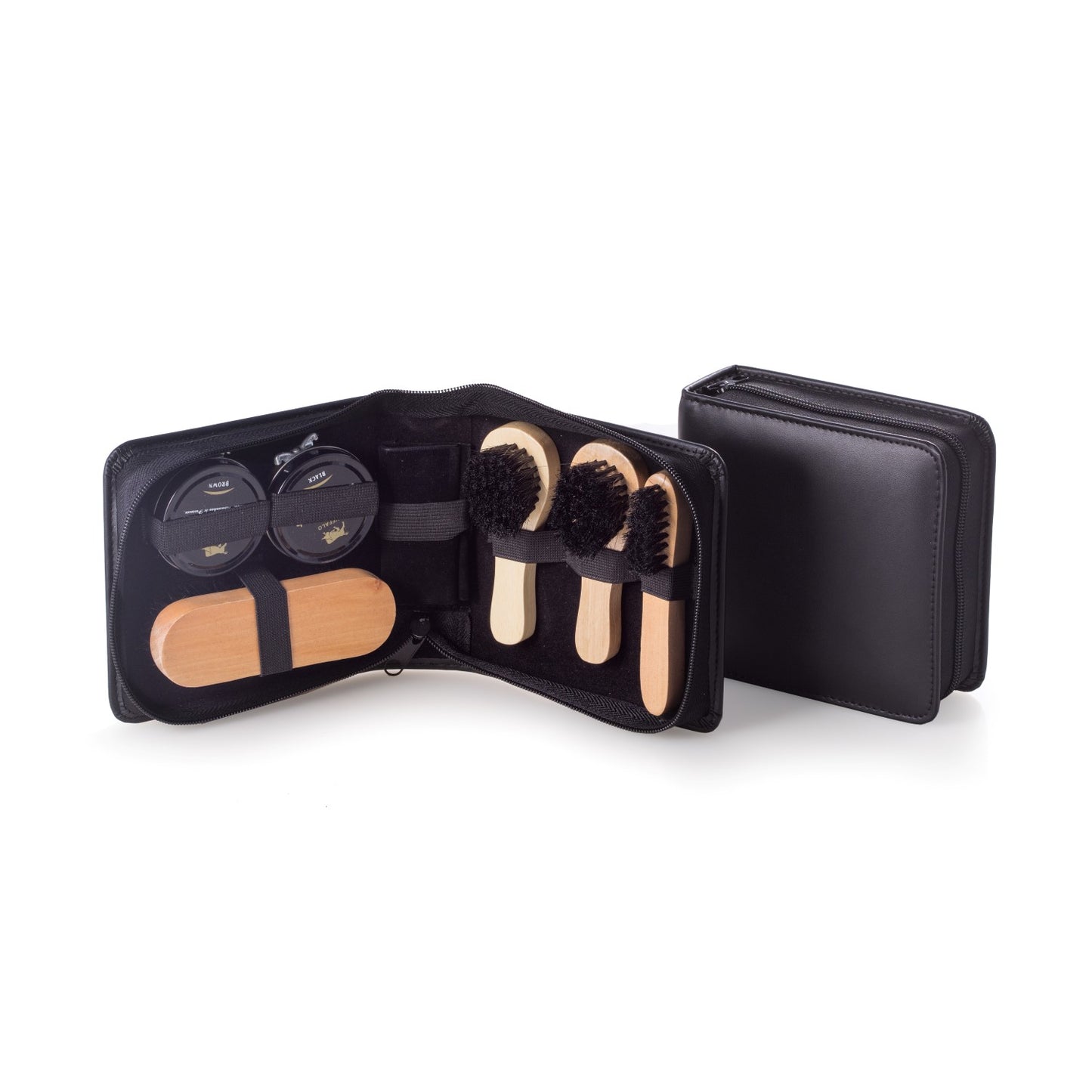 Occasion Gallery Black Color Shoe Shine Kit in Zippered Black Leather Case. Includes Two Polishes, Four Brushes and Polishing Rag. 5.5 L x 5.85 W x 2.15 H in.