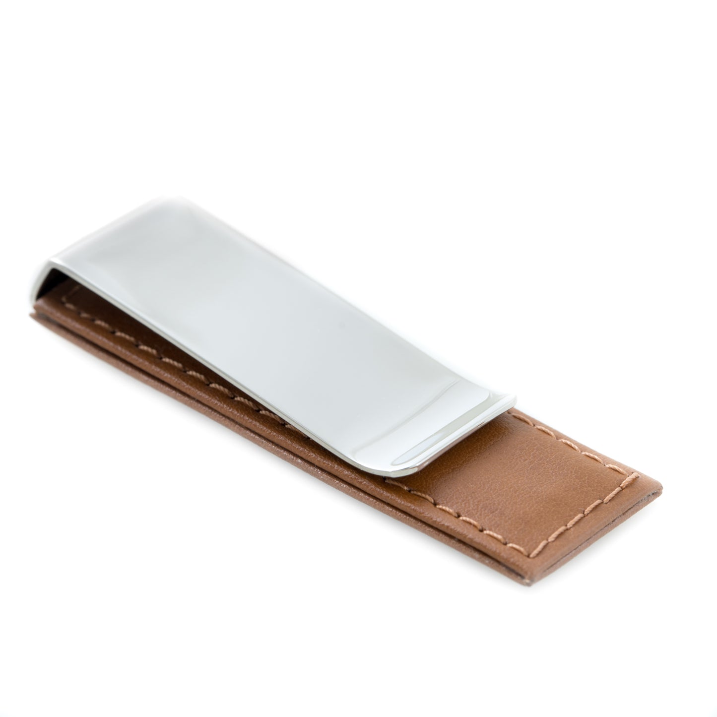 Occasion Gallery Brown Color Chrome Plated Money Clip with Brown Leather Accent. 2.75 L x 0.85 W x 0.35 H in.