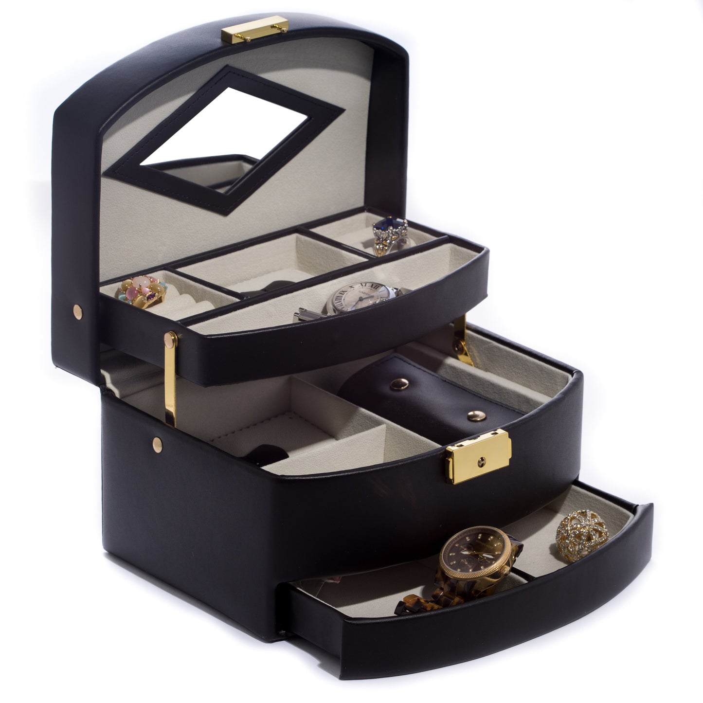 Occasion Gallery Black Color Black Leather 3 Level Hinged Jewelry Box with Mirror, Travel Roll and Locking Clasp. 6.5 L x 5 W x 5 H in.