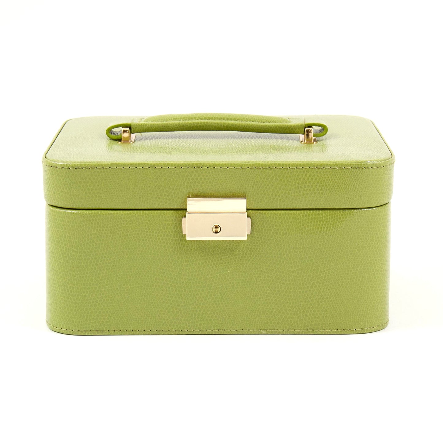 Occasion Gallery Lime Green "Lizard" Debossed Leather Jewelry Box. Removable Valet w/ Slots for Rings, Tabs of Earrings & Hinged Compartment. Travel Case for Rings & Earrings, Compartment for 3 Watch / Bracelet. 9 L x 7 W x 4.75 H in.