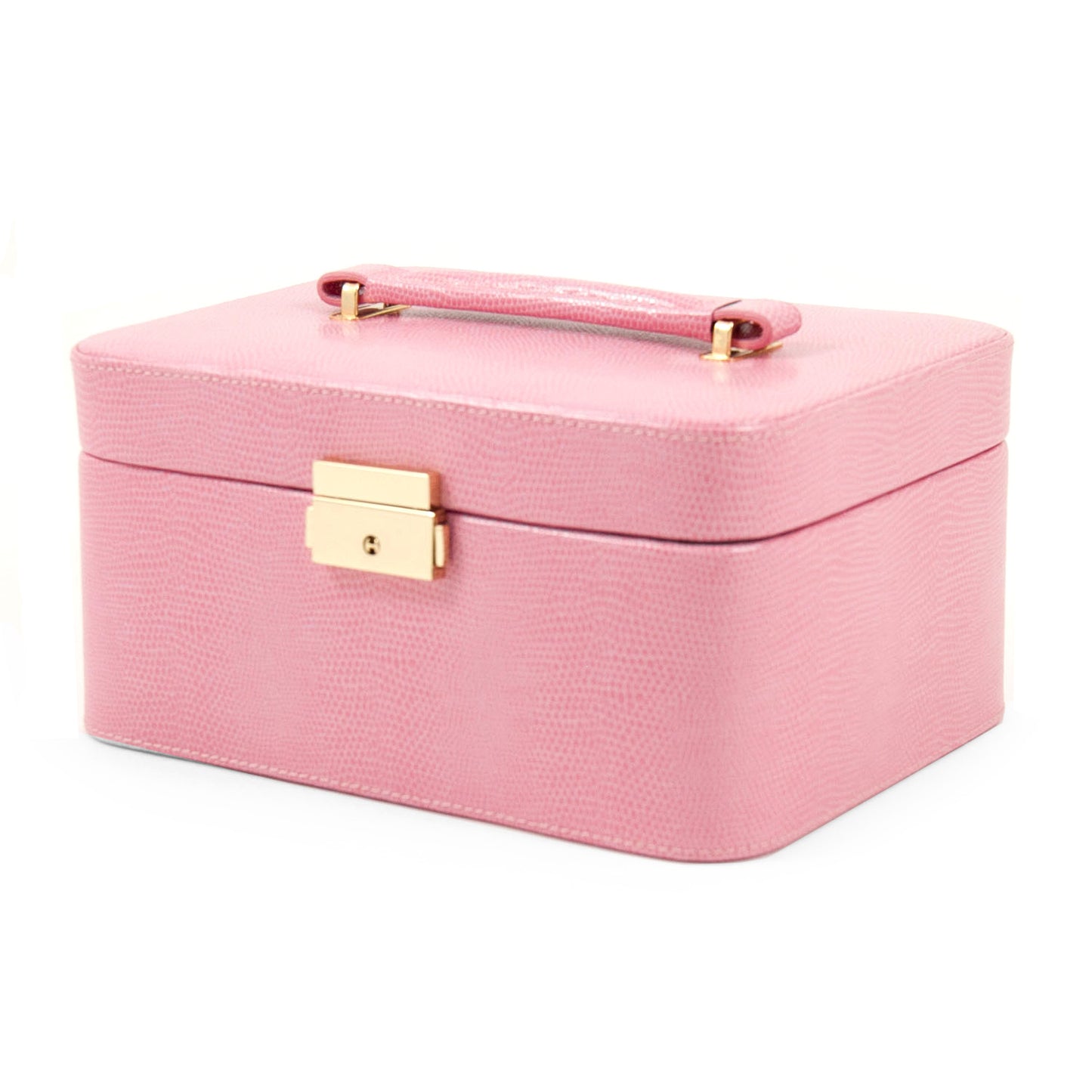 Occasion Gallery Pink "Lizard" Debossed Leather Jewelry Box. Removable Valet Tray on Top w/ Slots for Rings, Tabs for Earrings & Hinged Compartment. Travel Case for Rings & Earrings, Compartment for Watch / Bracelet. 9 L x 7 W x 4.75 H in.