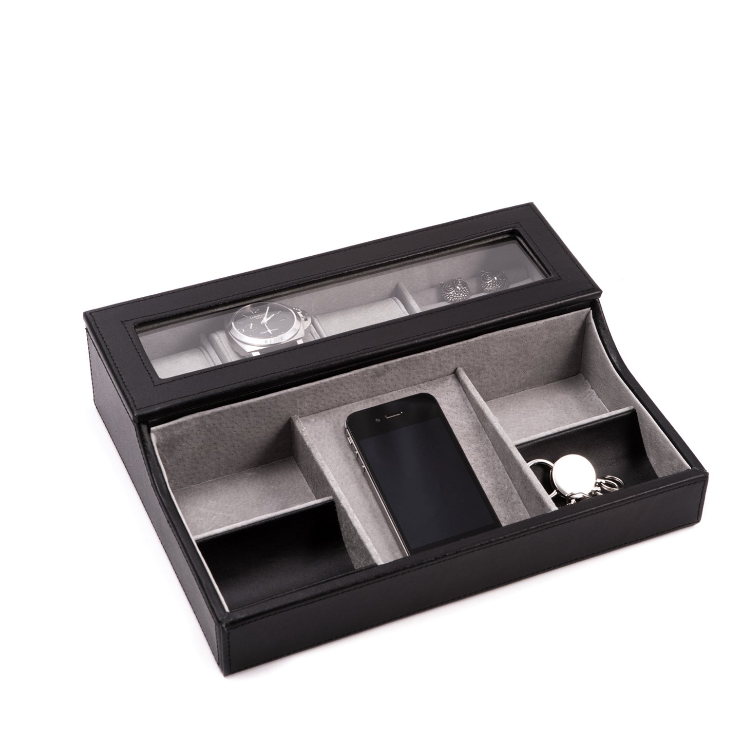 Occasion Gallery Black Color Black Leather with Pig Skin Valet Box for 3 Watches and Slots for Cufflink Under Glass See-thru Top with Multi Compartments for Change, Phone and accessories. 11.25 L x 9 W x 2.75 H in.