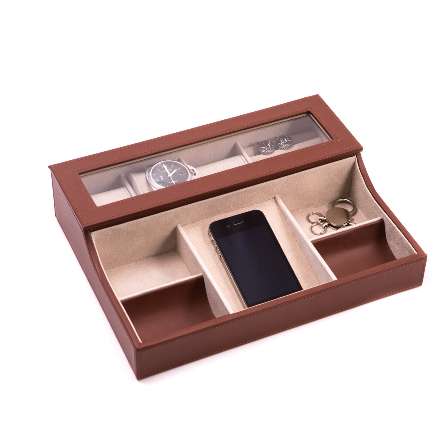 Occasion Gallery Brown Color Brown Leather with Pig Skin Valet Box for 3 Watches and Slots for Cufflink Under Glass See-thru Top with Multi Compartments for Change, Phone and accessories. 11.25 L x 9 W x 2.75 H in.
