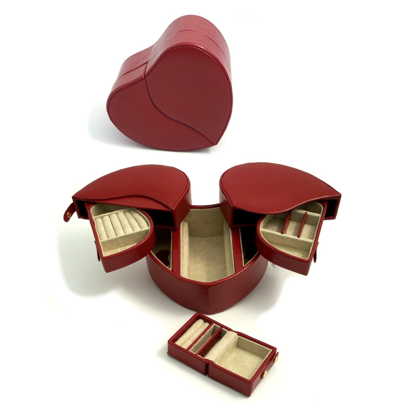 Occasion Gallery Red Color Red "Lizard" Leather Heart Shaped Jewelry Box with Removable Travel and Multiple Compartments. 8 L x 6.5 W x 5 H in.