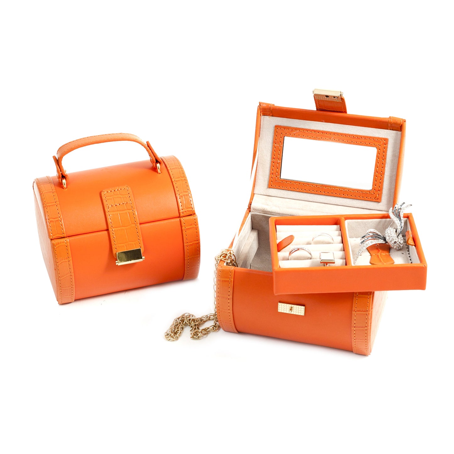 Occasion Gallery Orange Color Orange Leather Jewelry Case with Removable Tray, Mirror and Push Button Closure. 5.75 L x 4.75 W x 4.5 H in.
