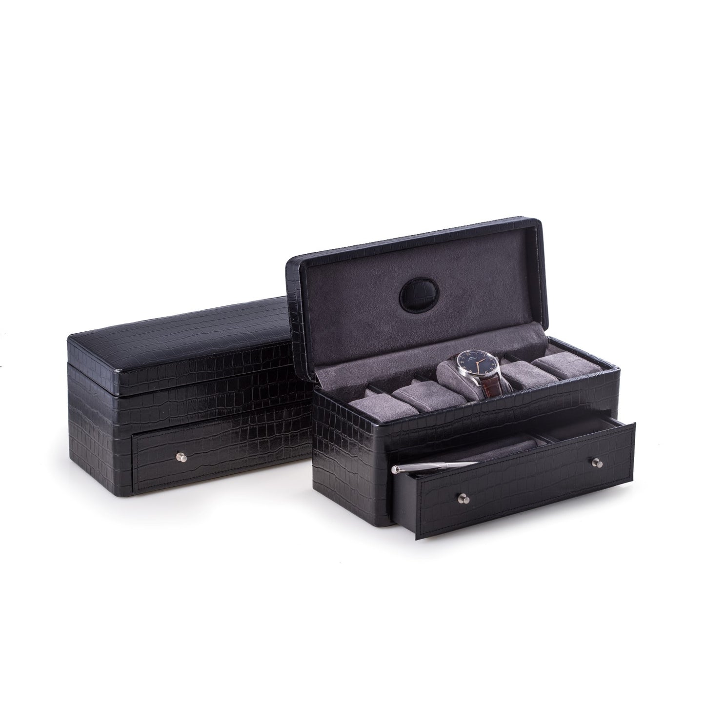 Occasion Gallery Black Color Black "Croco" Leather 5 Watch Box with Drawer for Pens and Accessories. 11.5 L x 4.75 W x 5 H in.