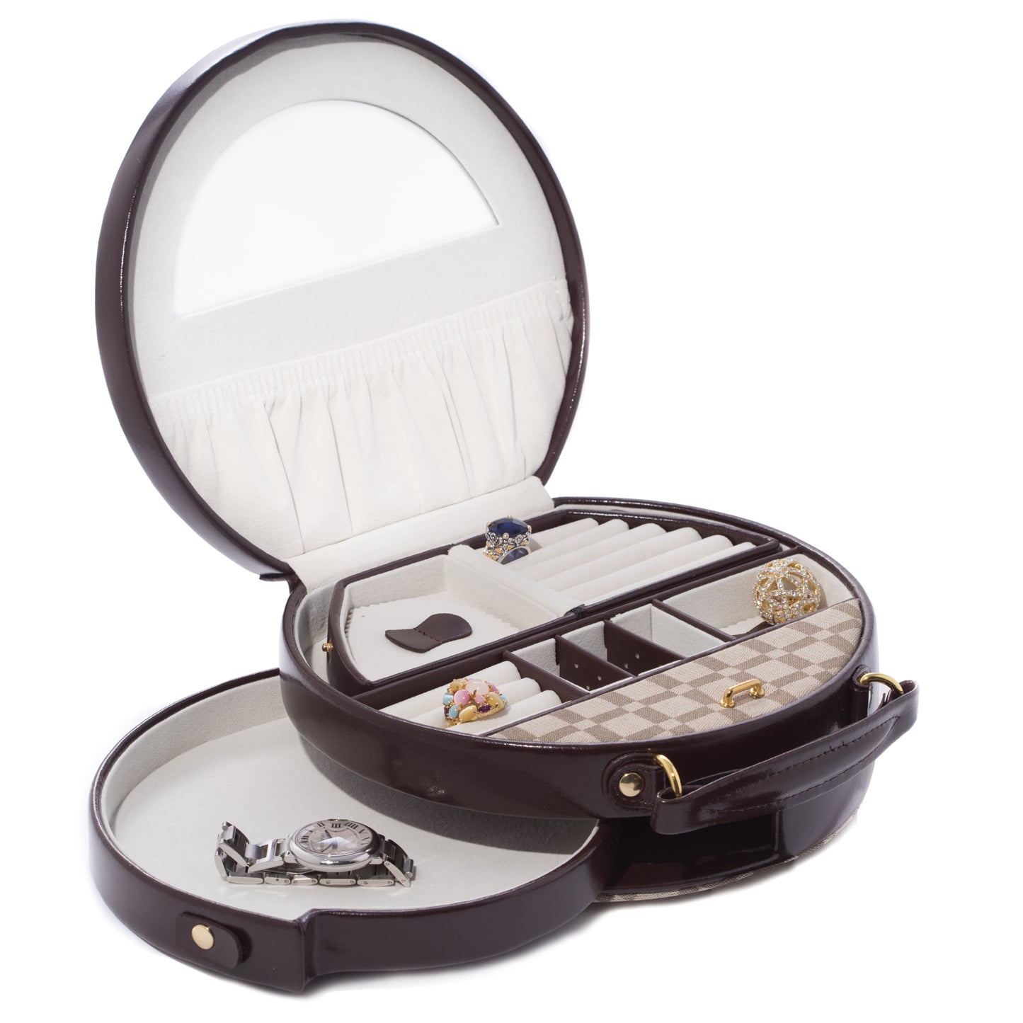 Occasion Gallery Brown Color Two-Tone Brown Leather & Cloth Material Round Jewelry Box with Removable Travel Tray, Swinging Drawer, Mirror and Magnetic Clasp. 9.5 L x 3.5 W x 8.5 H in.