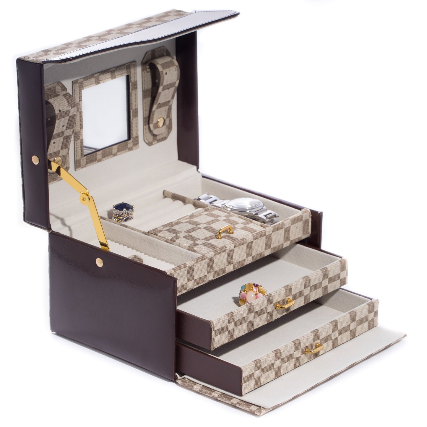 Occasion Gallery Brown Color Two-Tone Brown Leather & Cloth Material 3 Level Jewelry Case with Two Drawers, Mirror and Magnetic Clasp. 8 L x 5.75 W x 5 H in.