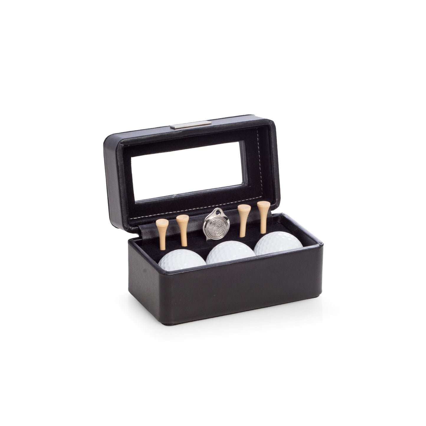 Occasion Gallery Black Color Golf Accessories Black Leather Box with Glass Top. Includes 3 Golf Balls, 4 Tees and Divot Tool with Ball Marker. 6.5 L x 3 W x 3.15 H in.