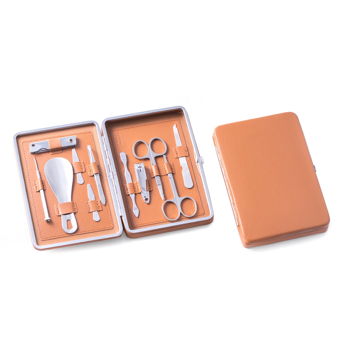 Occasion Gallery Tan Color 10 Pieces Manicure Set in Tan Leather Case with Small Clippers, Cuticle Cleaner, Nose & Cuticle Scissors, File, Tweezers, Collar Stays, Shoe Horn, Small Screwdriver and Multi Tool / Knife Set. 8.5 L x 4.5 W x 1.5 H in.