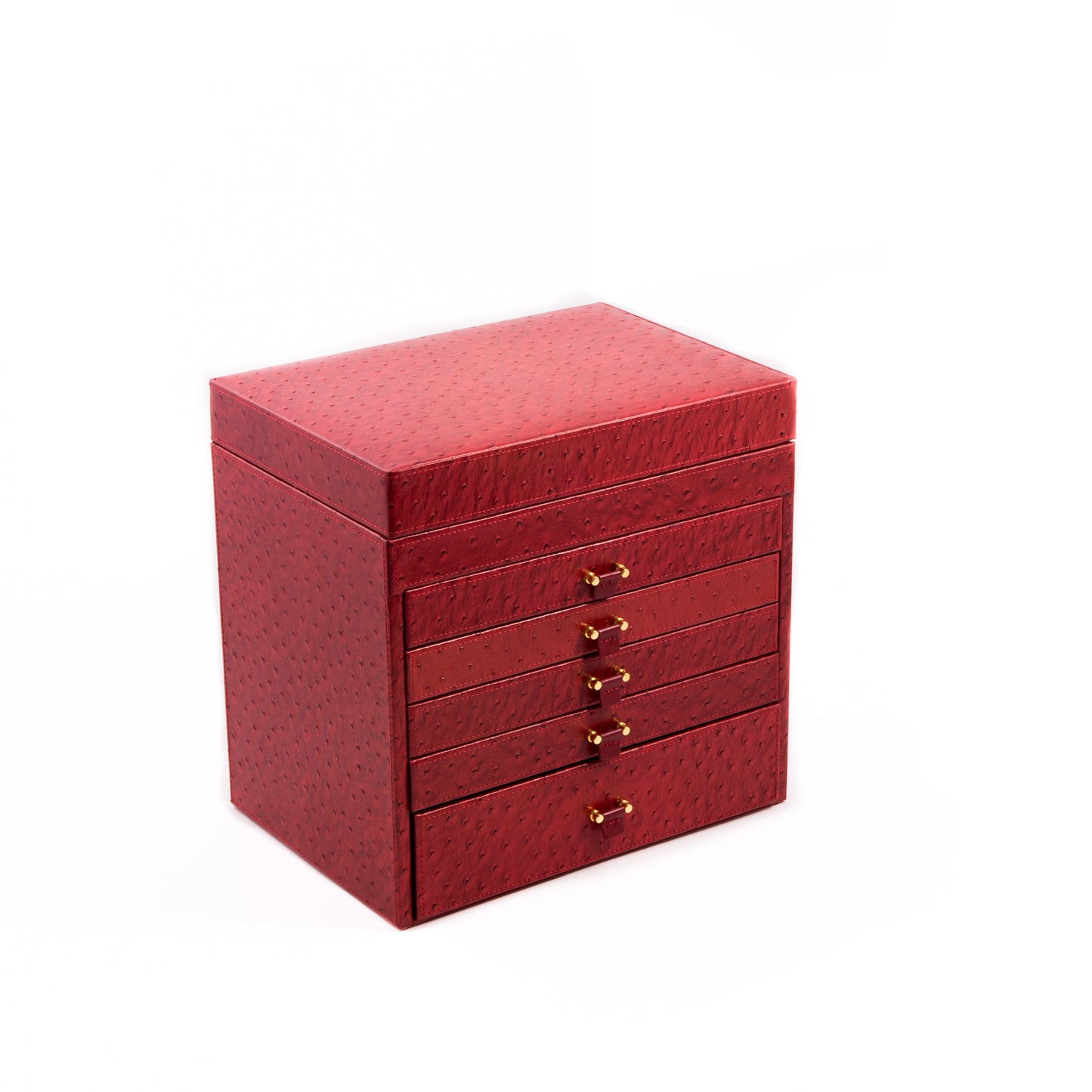 Occasion Gallery Red Color Red "Ostrich" Leather Jewelry Chest with Removable Travel Case, 5 Drawers and Top Tray with Mirror. 11 L x 7.75 W x 11 H in.