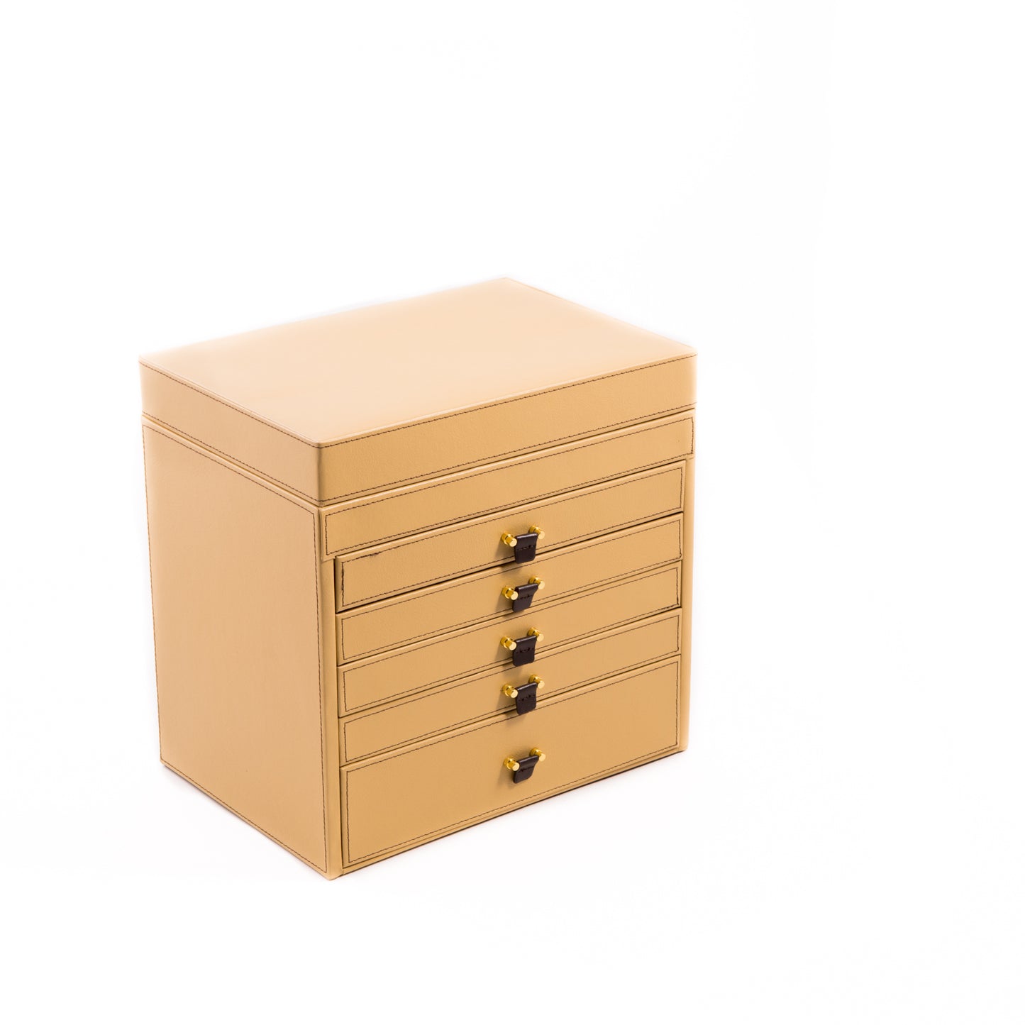 Occasion Gallery Tan Color Tan Leather Jewelry Chest with Removable Travel Case, 5 Drawers and Top Tray with Mirror. 11 L x 7.75 W x 11 H in.