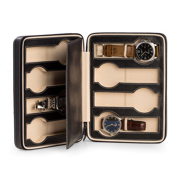 Occasion Gallery Black Color Black Leather 8 Watch Storage / Travel Case with Form Fit Compartments, Center Divider to Prevent Watches from Touching and Zipper Closure. 9.25 L x 7 W x 2.25 H in.
