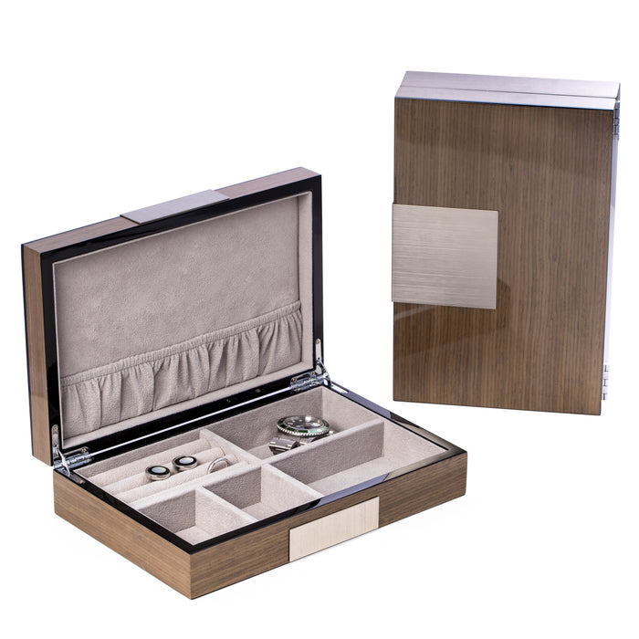 Occasion Gallery Ash Wood Color Lacquered "Silver Walnut" Wood Valet Box with Stainless Steel Accents and Multi Compartments Storage. 9.75 L x 6.25 W x 2.5 H in.