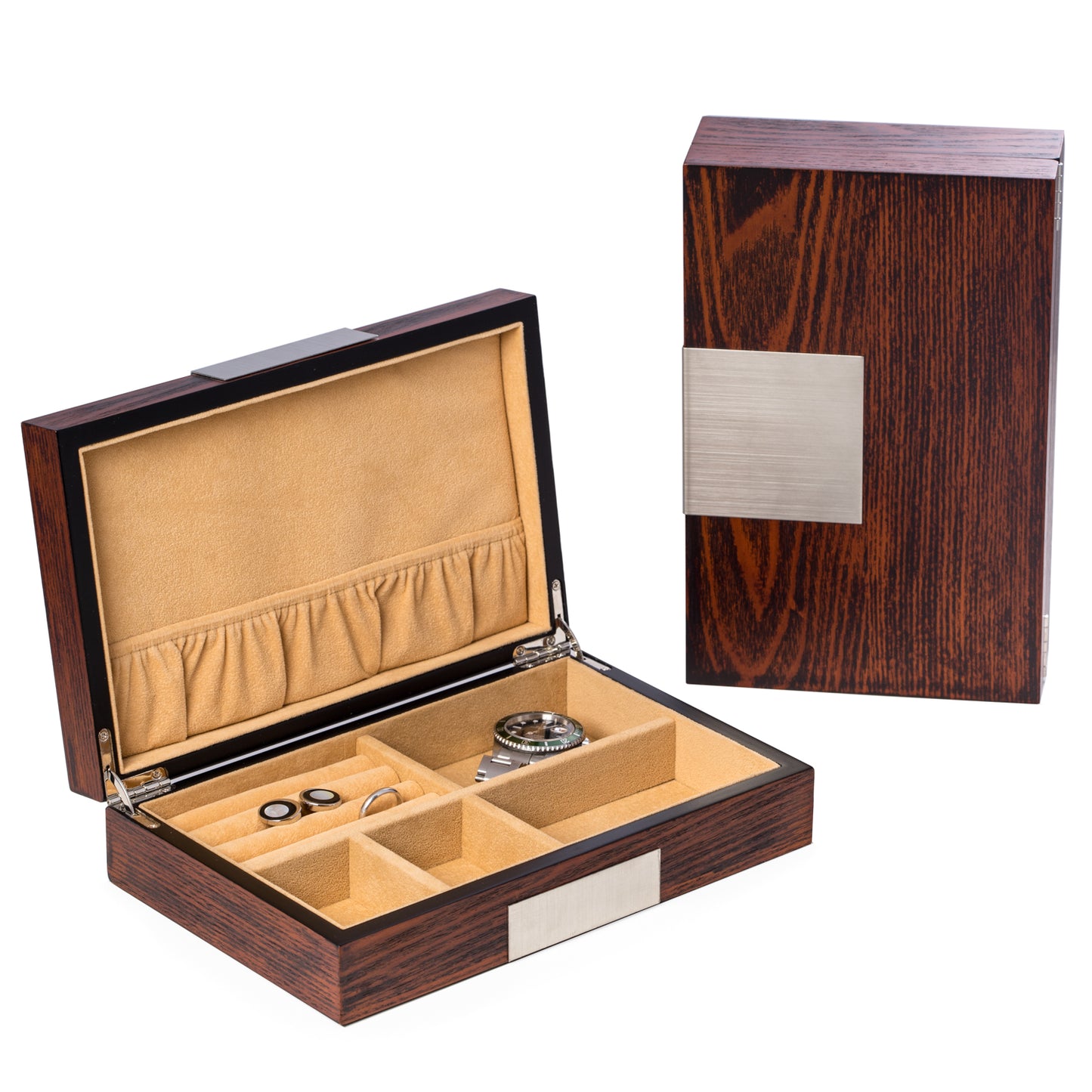 Occasion Gallery Natural Wood Color Lacquered "Natural" Wood Valet Box with Stainless Steel Accents and Multi Compartments Storage. 9.75 L x 6.25 W x 2.5 H in.
