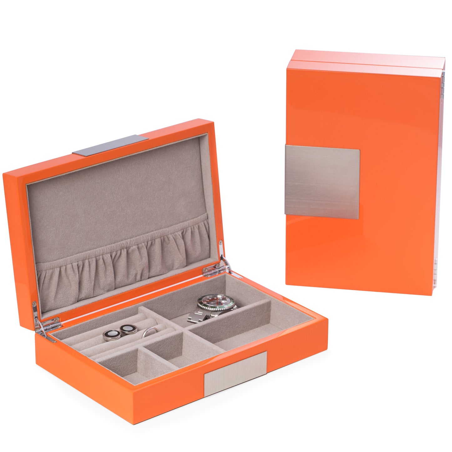 Occasion Gallery Orange Color Lacquered "Orange" Wood Valet Box with Stainless Steel Accents and Multi Compartments Storage. 9.75 L x 6.25 W x 2.5 H in.