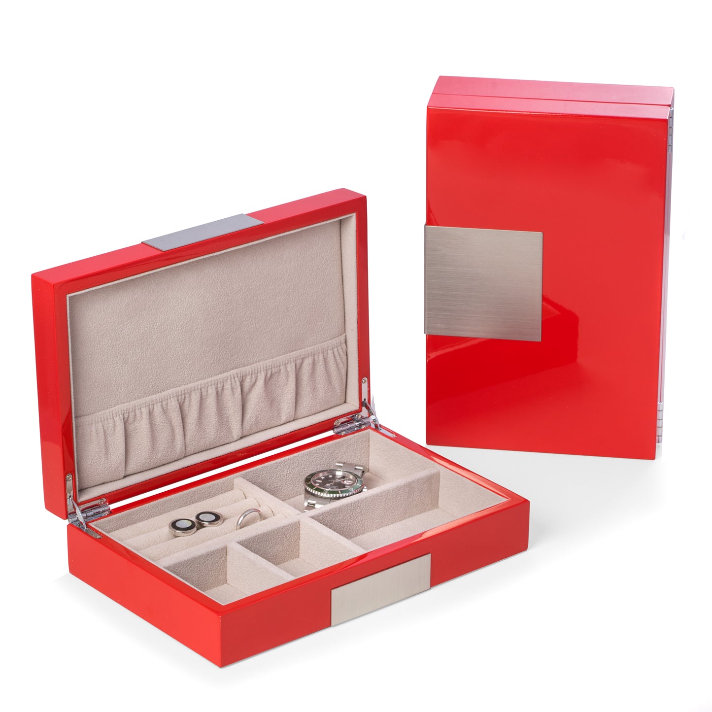 Occasion Gallery Red Color Lacquered "Red" Wood Valet Box with Stainless Steel Accents and Multi Compartments Storage. 9.75 L x 6.25 W x 2.5 H in.