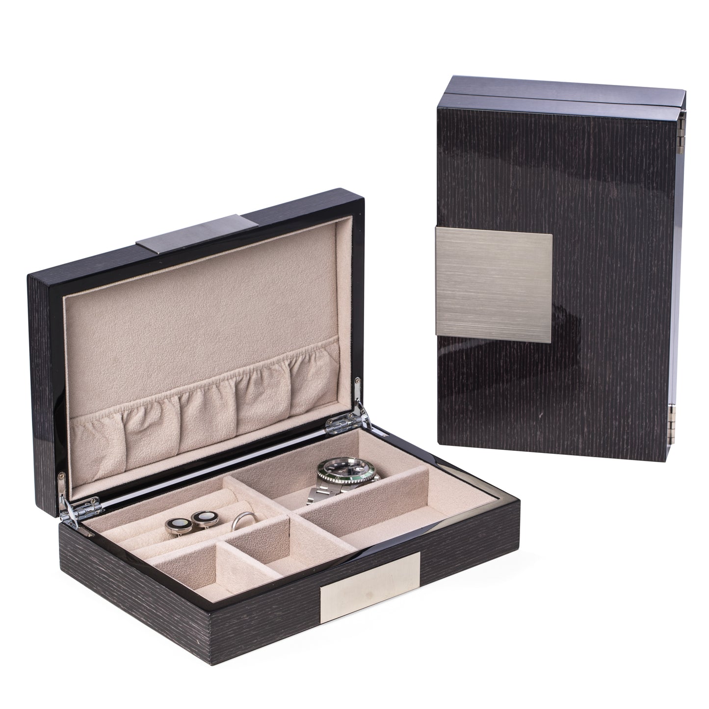 Occasion Gallery Gray Color Lacquered "Steel Gray" Wood Valet Box with Stainless Steel Accents and Multi Compartments Storage. 9.75 L x 6.25 W x 2.5 H in.