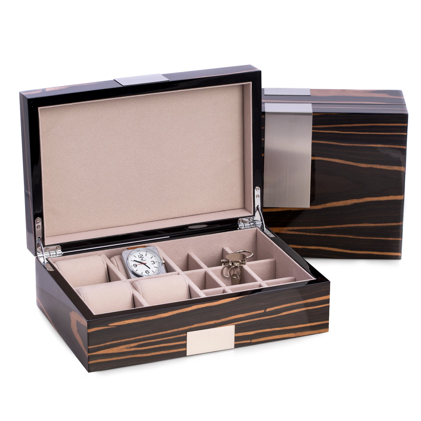 Occasion Gallery Ebony Burl Wood Color Lacquered "Ebony" Burl Wood Valet Box with Stainless Steel Accents for 4 Watches & 9 Cufflink. 11.85 L x 8 W x 4 H in.