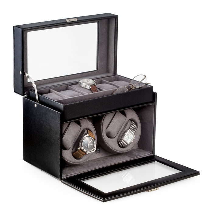 Occasion Gallery Black Leather Four Watch Winder and 5 Watch Storage Case with Locking Clasp. Features a Selectable Single or Dual Direction Rotation. Rotates over 4300 Times a Day. Works on Both AC or DC Back Up Power. 12.75 L x 6.5 W x 9 H in.