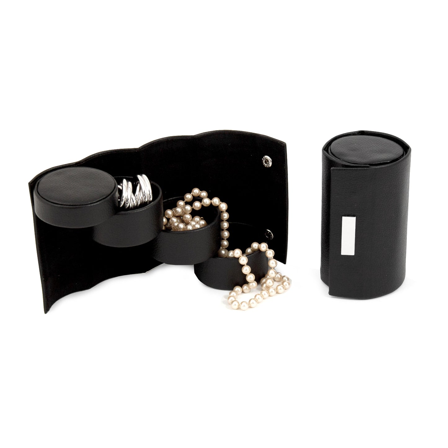 Occasion Gallery Black Color Black Leatherette 3 Level Jewelry Roll with Snap Closure. 2.5 L x 2.5 W x 4.5 H in.