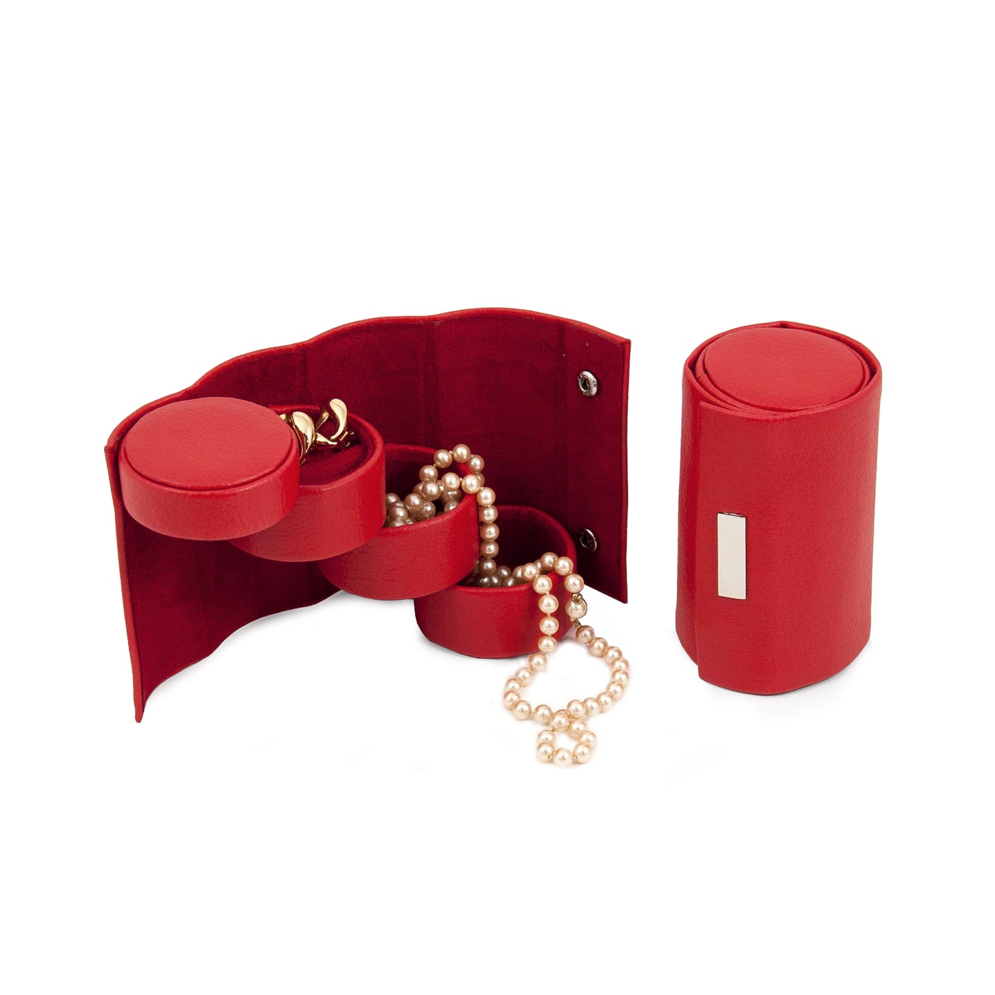 Occasion Gallery Red Color Red Leatherette 3 Level Jewelry Roll with Snap Closure. 2.5 L x 2.5 W x 4.5 H in.