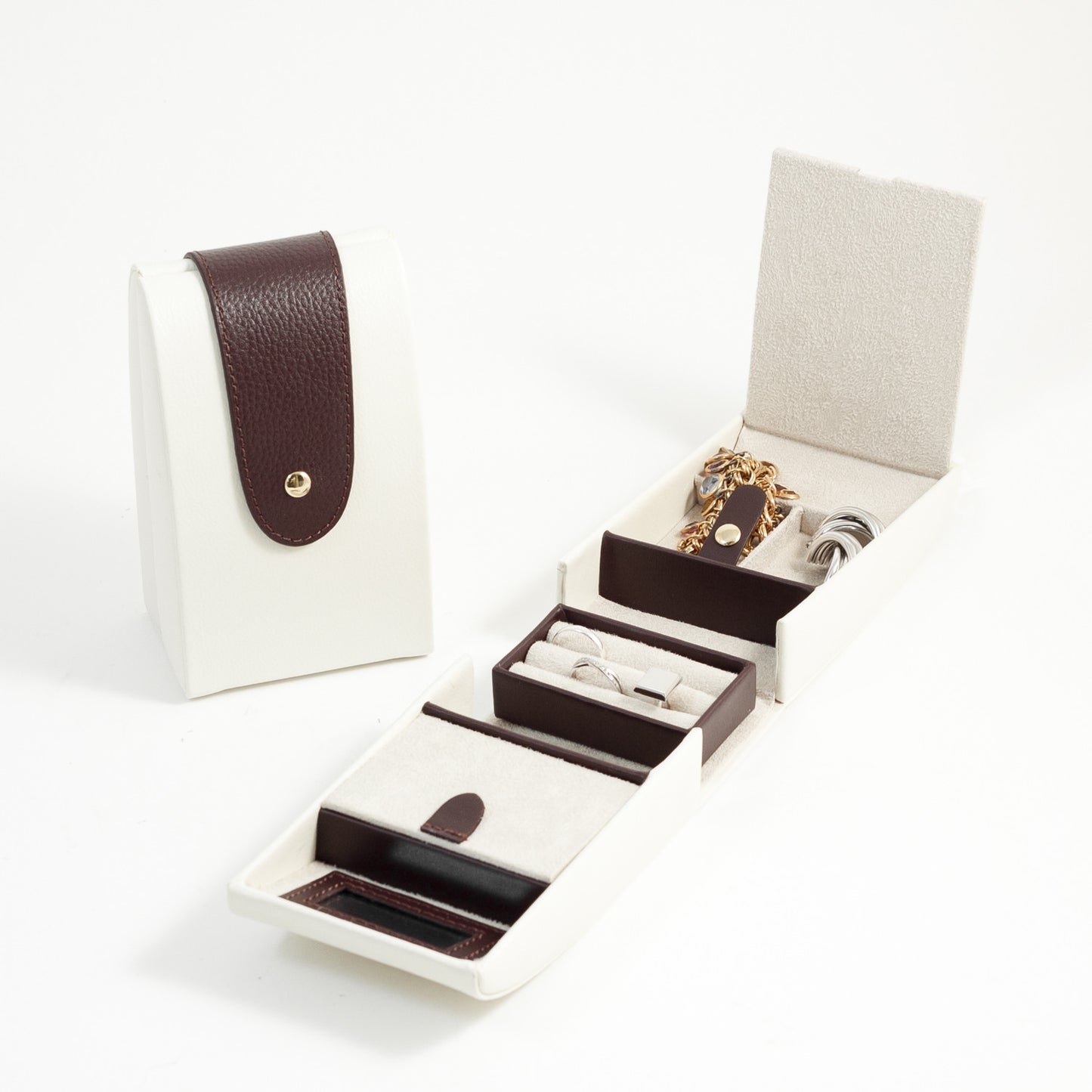 Occasion Gallery Ivory /Brown Color Ivory & Brown Leather 2 Compartment Jewelry Case with Snap Closure. 3.75 L x 2.75 W x 6.25 H in.