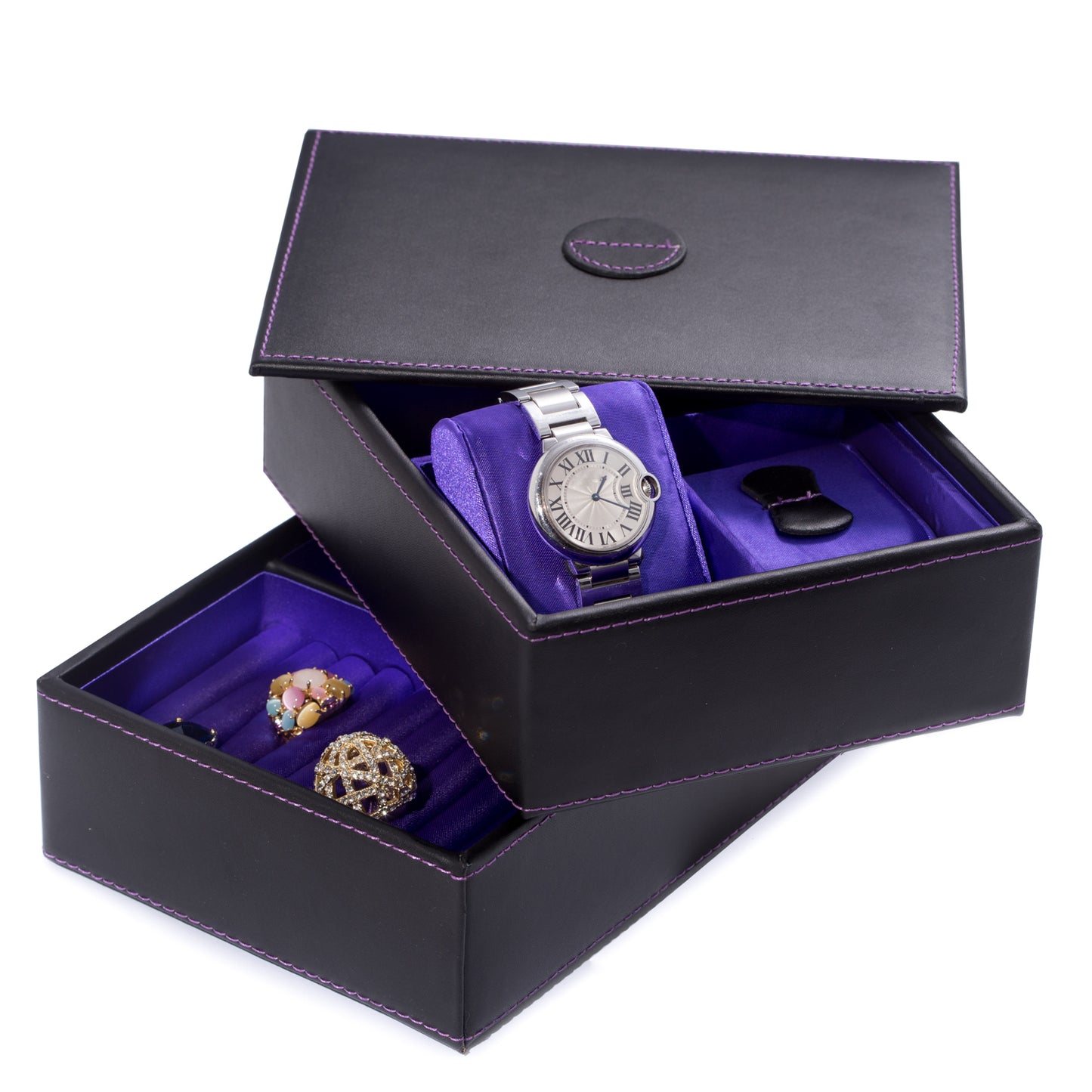 Occasion Gallery Black Color Black Leather Stacked Jewelry Box with 2 Watch Pillows, Slots for Rings, Earnings and Mirror. 7.75 L x 6 W x 5.25 H in.