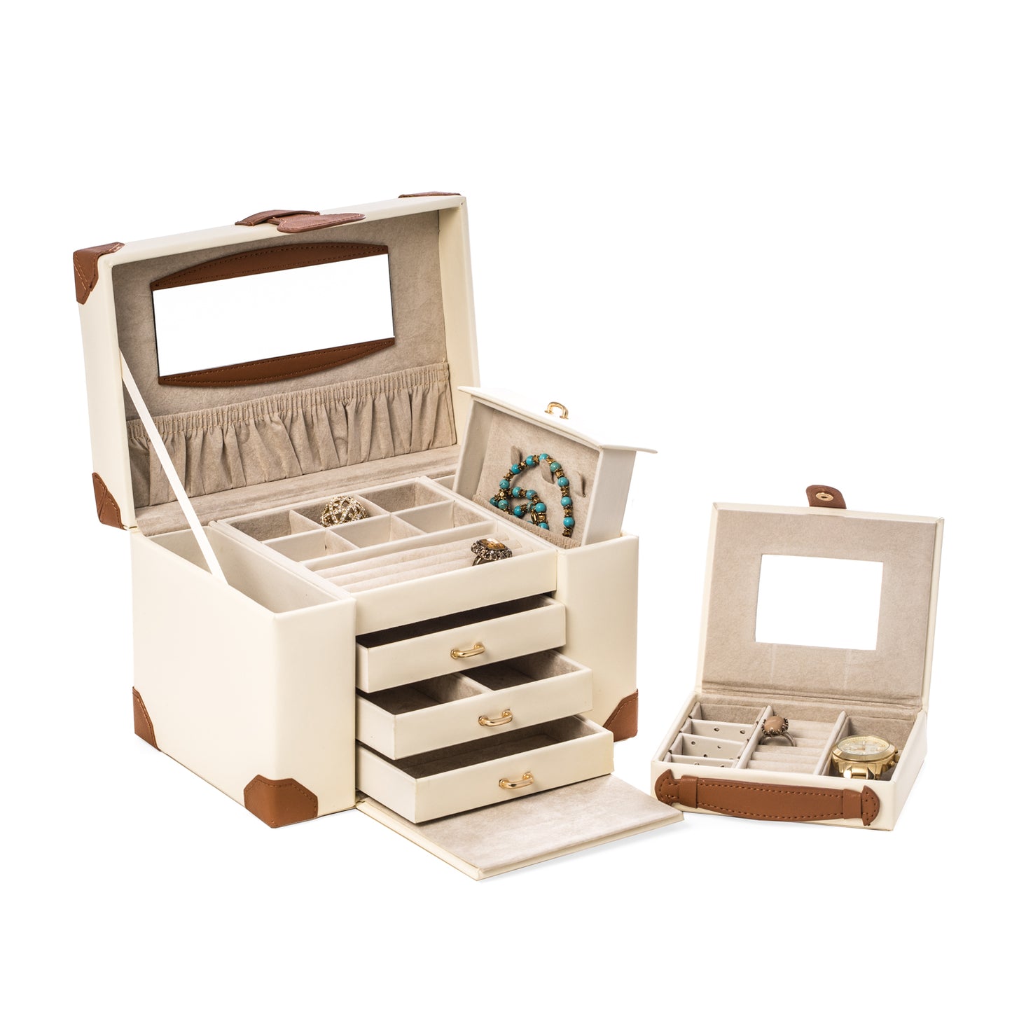 Occasion Gallery Ivory Color Ivory Leather 4 Level Multi Compartment Jewelry Box with 3 Drawers, Removable Travel Case, Mirror and Snap Closure. 9.75 L x 6.25 W x 6.5 H in.