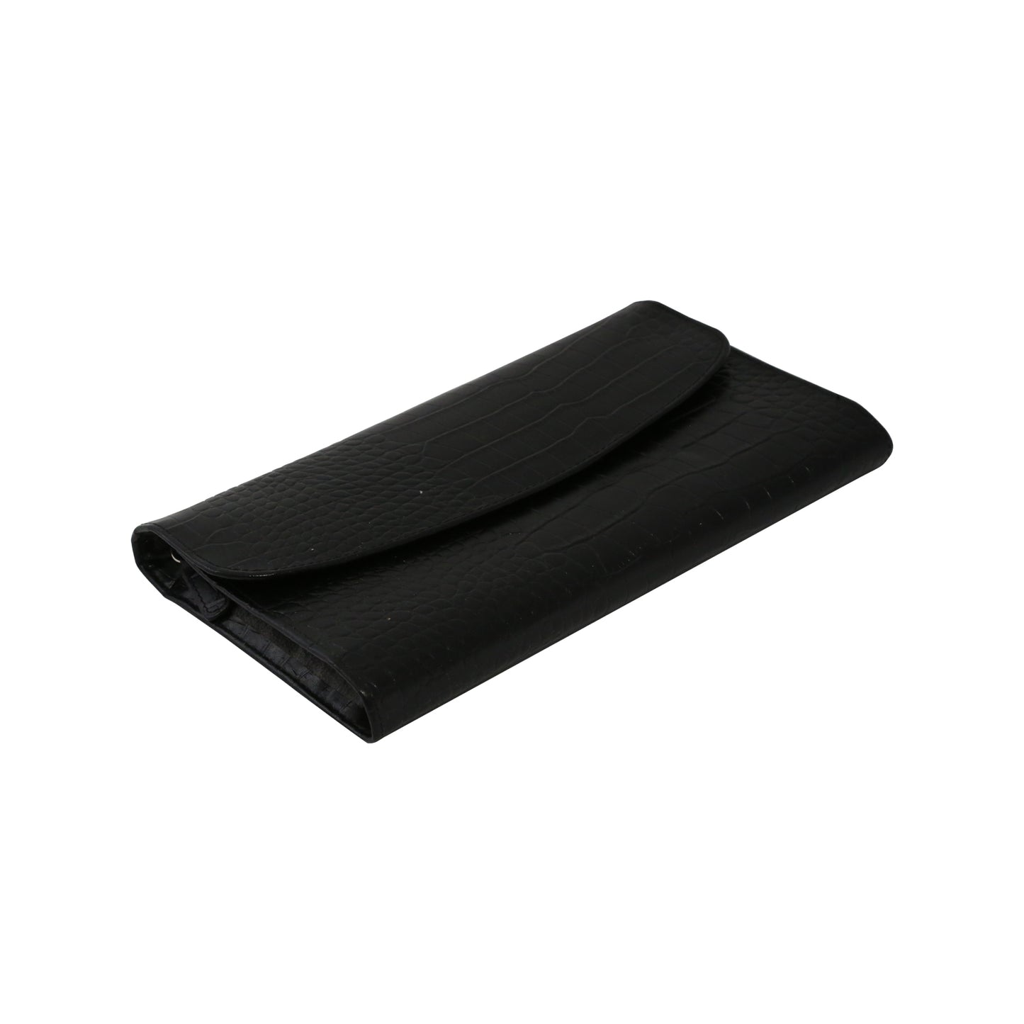 Occasion Gallery Black Color Black "Croco" Leather Multi Compartment Jewelry Clutch with Snap Closure. 10 L x 6 W x 1.5 H in.
