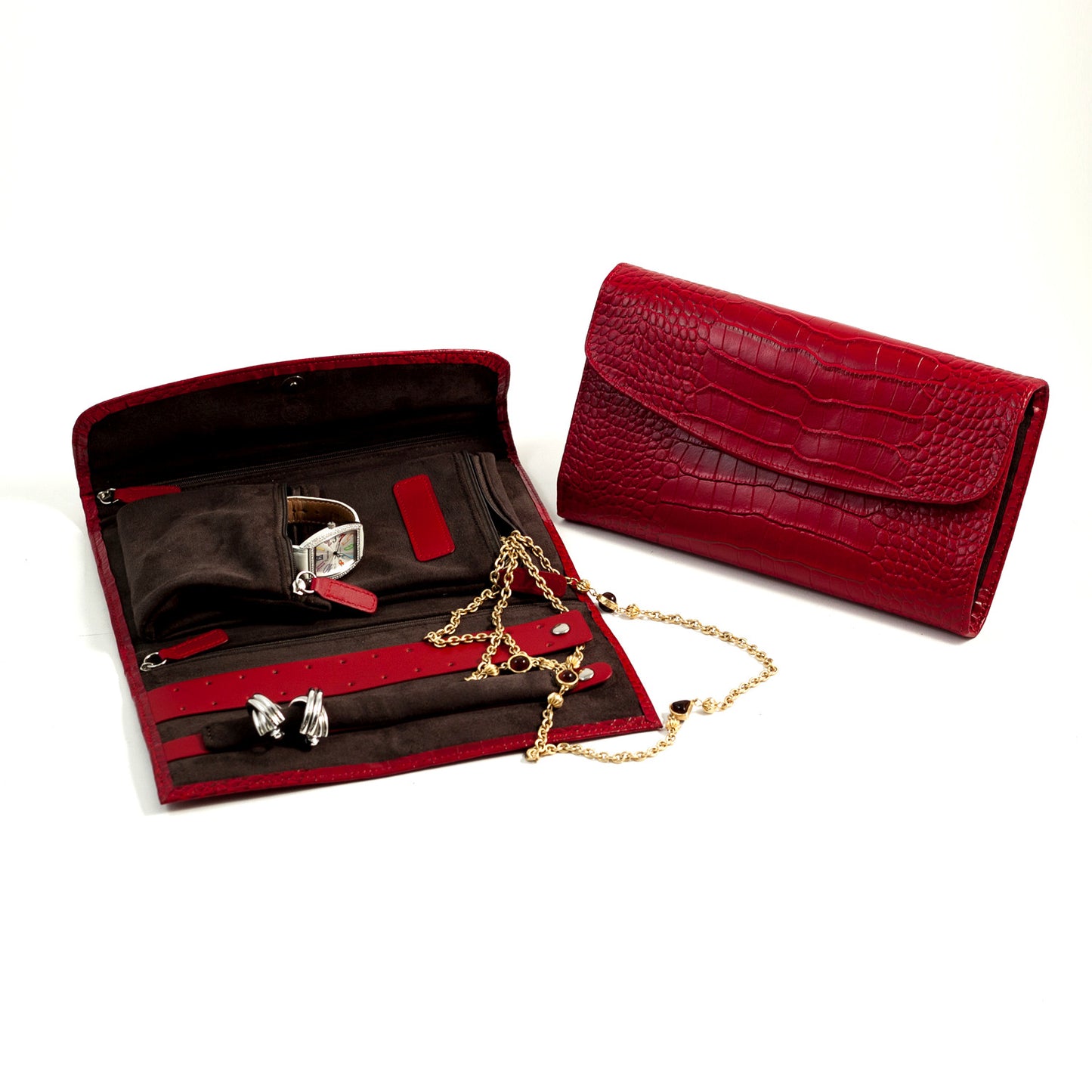 Occasion Gallery Red Color Red "Croco" Leather Multi Compartment Jewelry Clutch with Snap Closure. 10 L x 6 W x 1.5 H in.