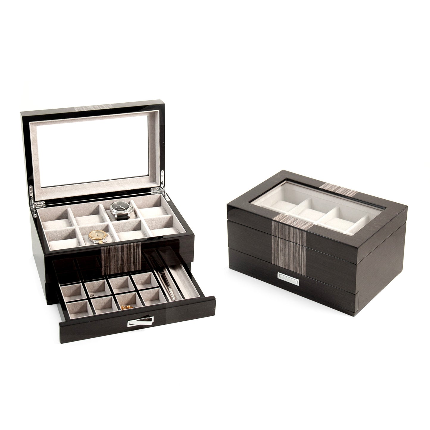 Occasion Gallery Wenge Wood Color Lacquered "Wenge" Wood 8 Watch Box with Glass Top, Drawer for Cufflinks & Pens. 12 L x 8 W x 6 H in.