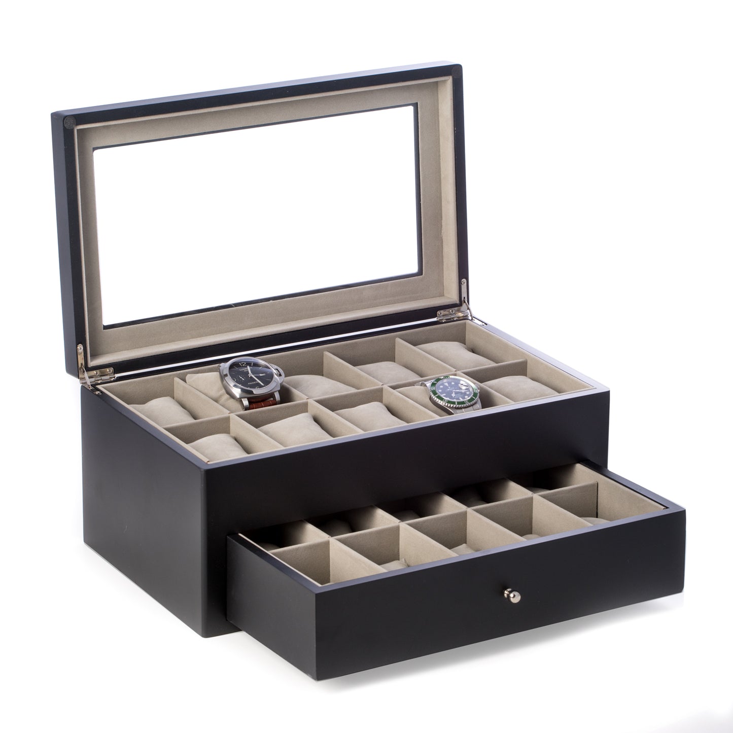 Occasion Gallery Black Color Matte Black Wood 20 Watch Box with Glass Top & Drawer, Velour Lining & Pillows. 14.75 L x 8.5 W x 6.5 H in.