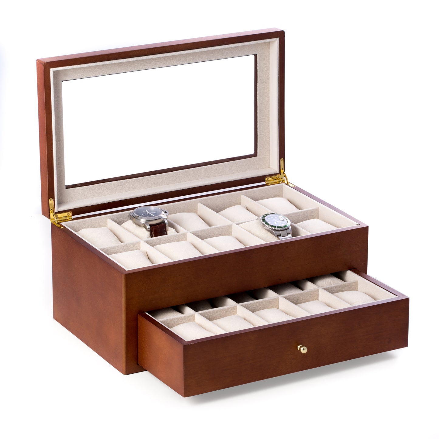 Occasion Gallery Cherry Wood Color Cherry Wood 20 Watch Box with Glass Top & Drawer, Velour Lining & Pillows. 14.75 L x 8.5 W x 6.5 H in.