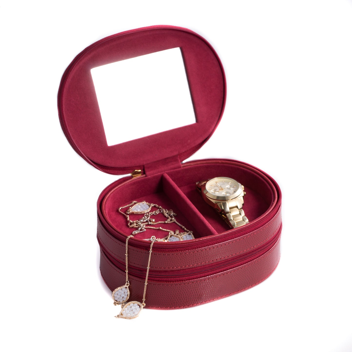 Occasion Gallery Red Color Red "Lizard" Leather Two Level Jewelry Case with Mirror, Zipper Closures and Soft Velour lined. 6.5 L x 4.75 W x 2.85 H in.