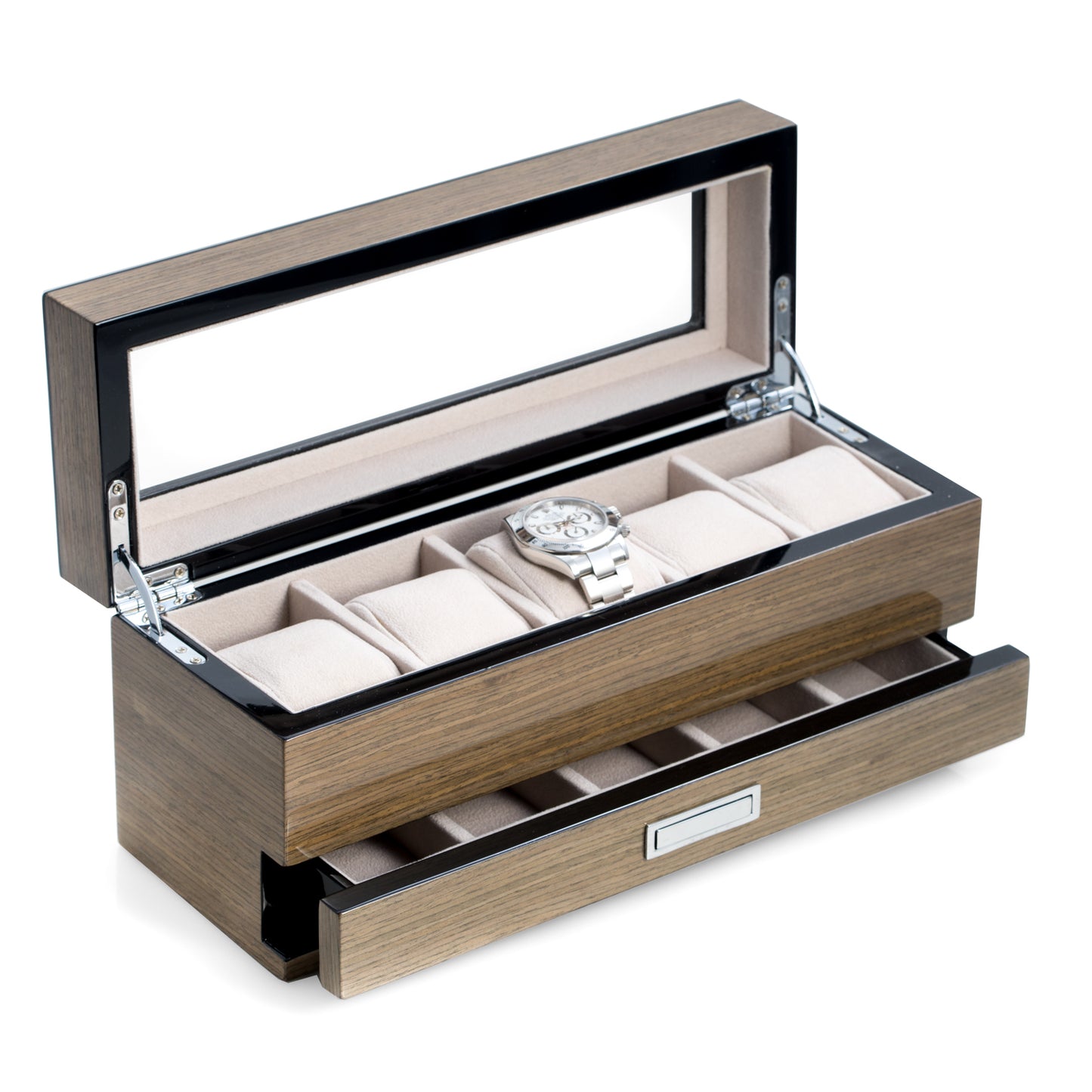 Occasion Gallery Gray Color Lacquered "Silver Walnut" Wood 5 Watch Box with Glass Top & 5 Compartment Accessory Drawer and Chrome Accents. 12 L x 4.25 W x 5.15 H in.