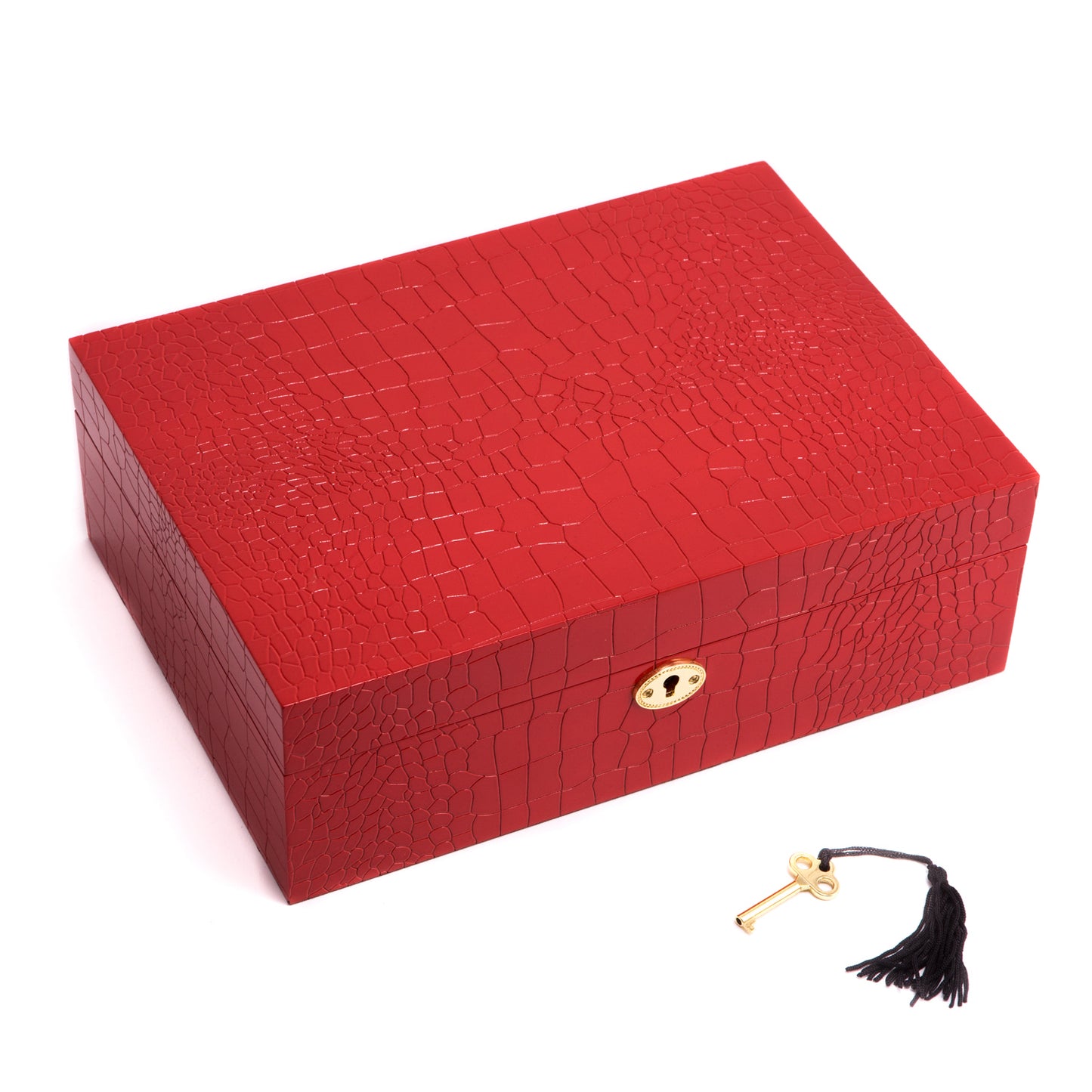 Occasion Gallery Red Color Red "Croco" Design Wood Jewelry Box with Valet Tray and Key Lock. 8 L x 11.25 W x 4 H in.