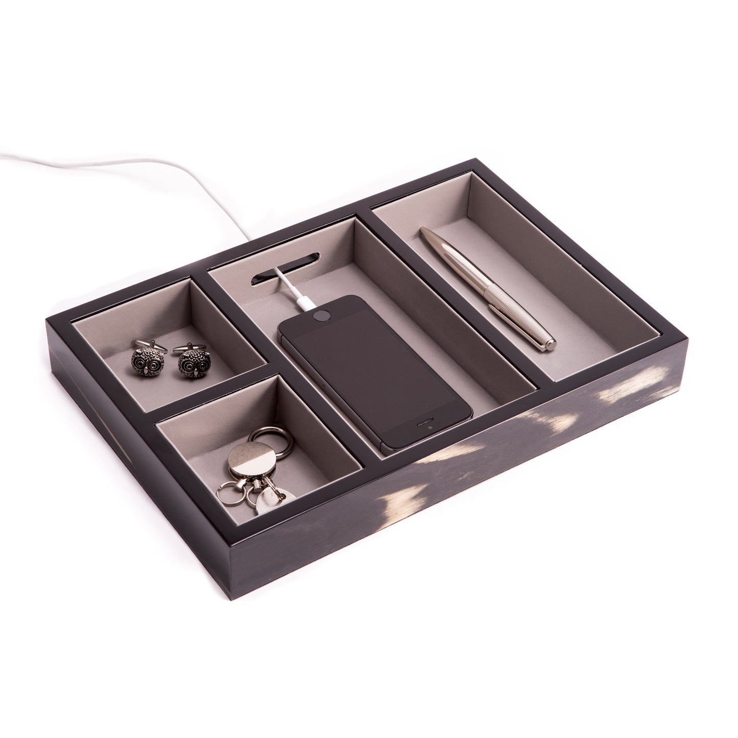 Occasion Gallery Ebony Color "Ebony" Lacquered Burl Wood Open Valet with Soft Velour Lining and Opening for Charging Cords 11.5 L x 8 W x 1.5 H in.