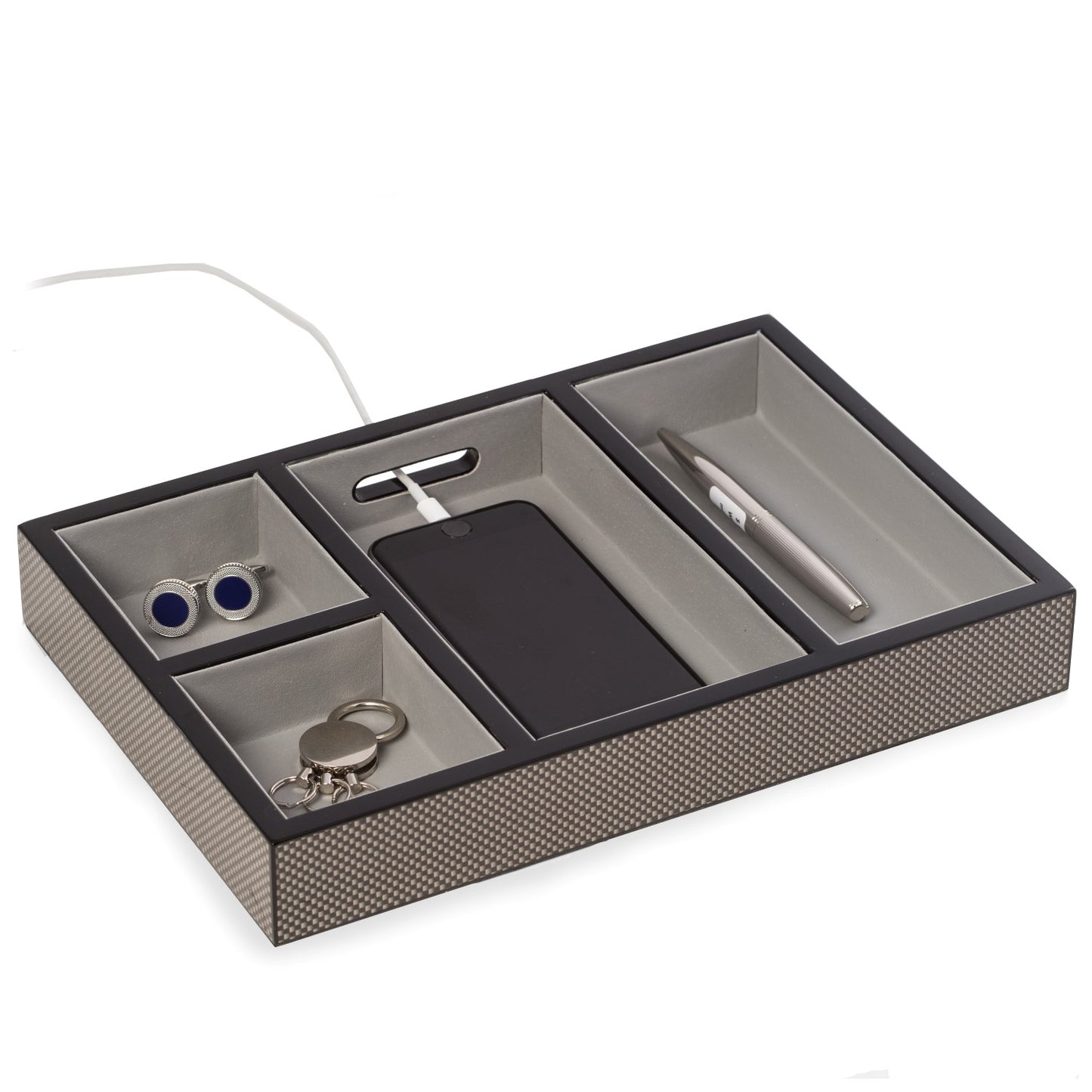 Occasion Gallery Gray Color Lacquered "Carbon Fiber" Open Valet with Soft Velour Lining and Opening for Charging Cords. 11.5 L x 7.75 W x 1.5 H in.