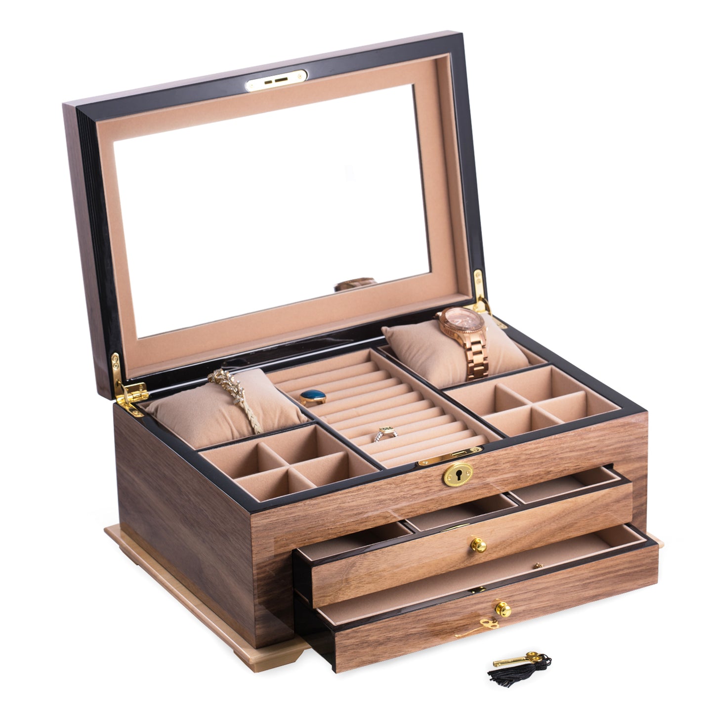 Occasion Gallery Walnut Color "Walnut" Lacquered Wood 3 Level Jewelry Box with Gold Accents and Locking Lid. Features 2 Drawers, Slots for Rings, Pillows for Watches or Bracelets, Soft Velour Lining and Mirror Under Lid 15.75 L x 11 W x 7 H in.