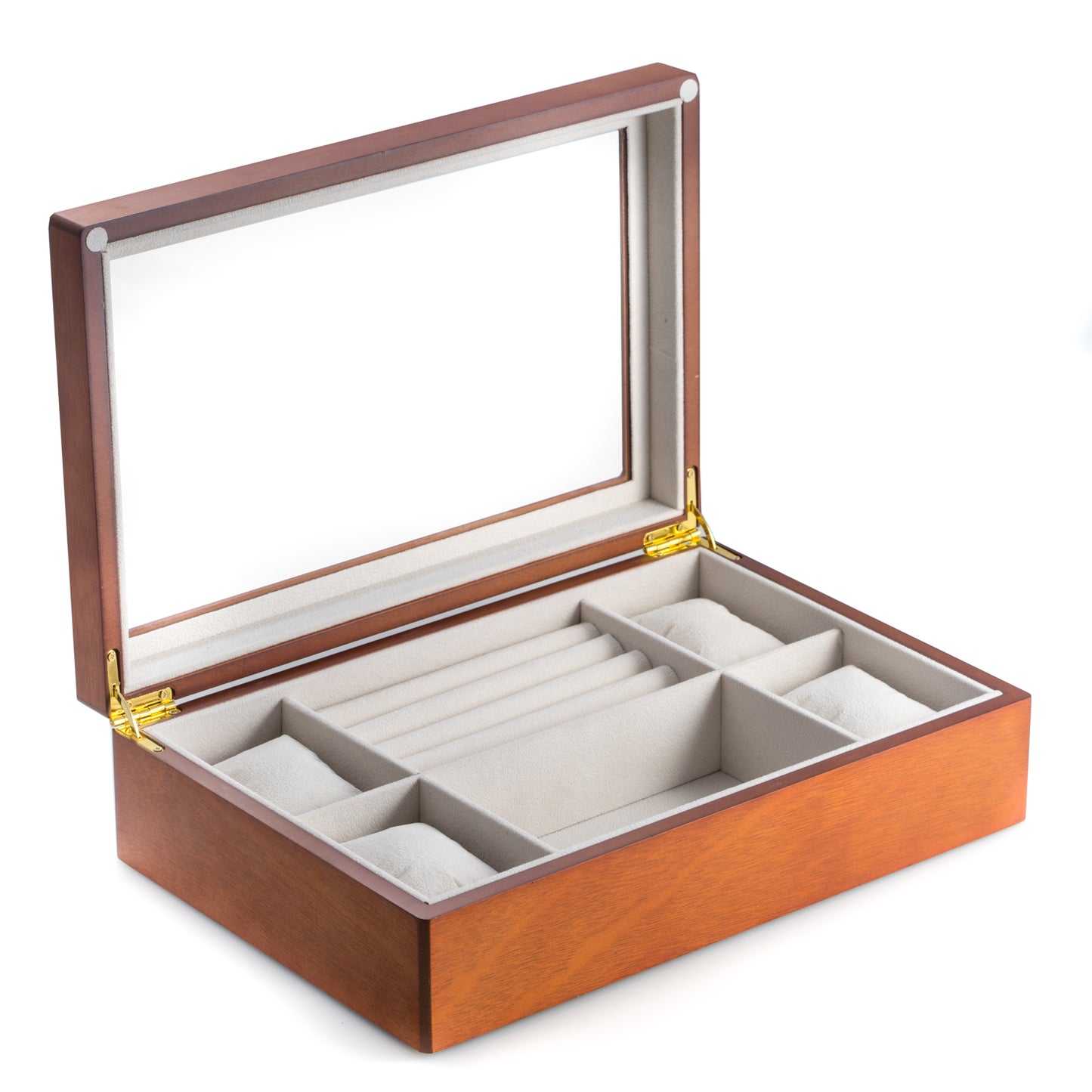 Occasion Gallery Cherry Color Cherry Wood Valet and Watch Box with Glass Top and Soft Velour Lining. Slots for Rings and Cufflinks and 4 Watch Pillows. 12.5 L x 8.25 W x 3.25 H in.