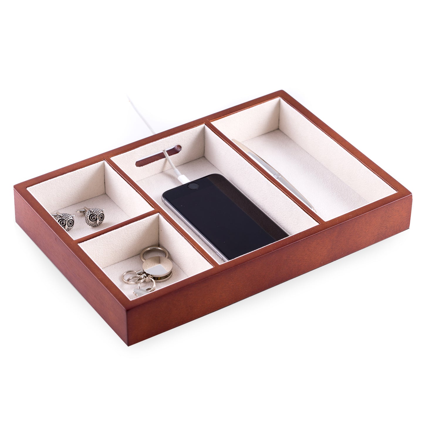 Occasion Gallery Brown Color Cherry Wood Open Valet with Soft Velour Lining and Opening for Charging Cords 11.5 L x 8 W x 1.5 H in.