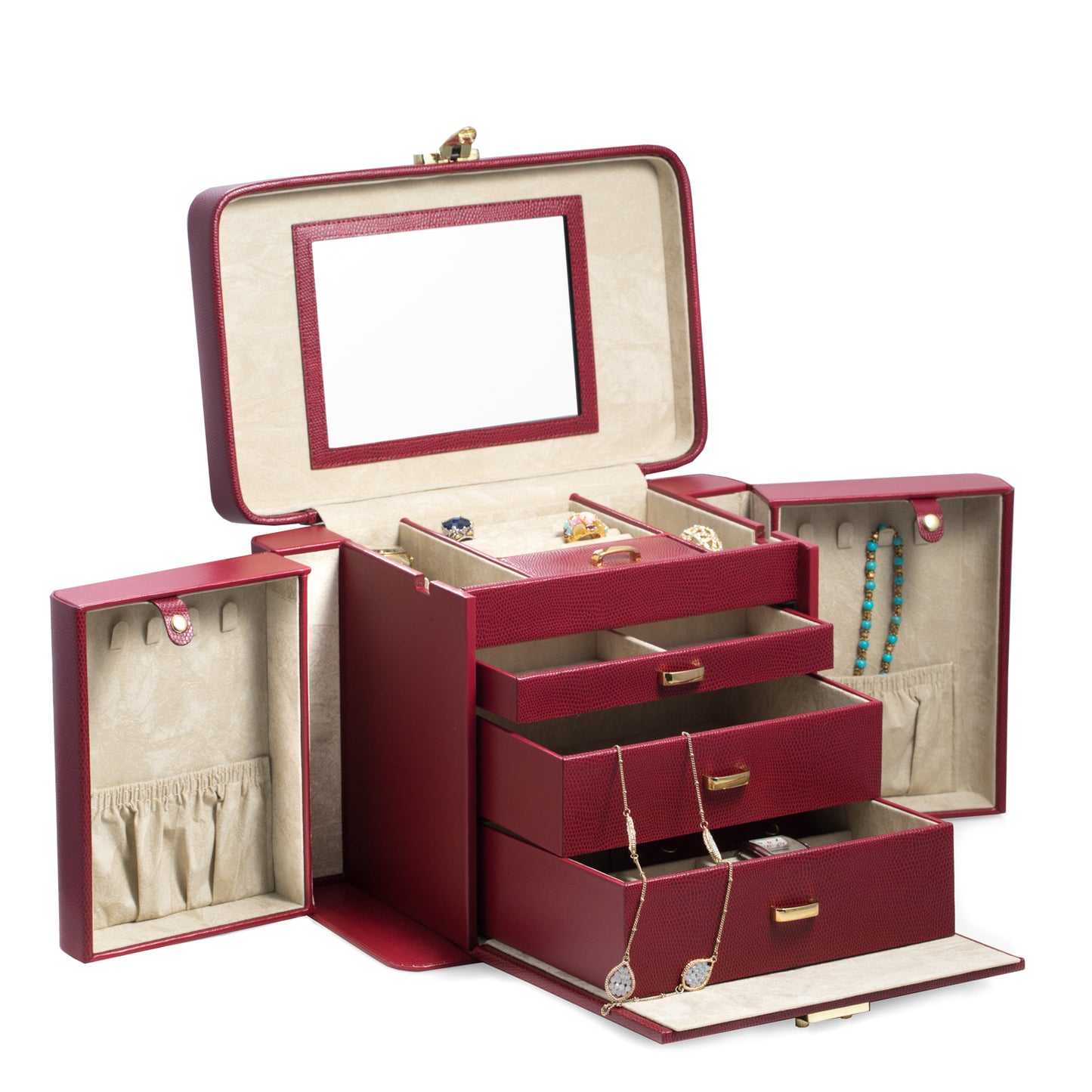 Occasion Gallery Red "Lizard" Leather 4 Level Jewelry Box w/ Travel Pouch. Multi Compartments, Mirror, Drawers, Watch or Bracelet Pillows & Dividers, Fold Out Side Compartments, Necklace Hooks, Velour Lined & Locking Closure. 12.5 L x 7.5 W x 9.5 H in.