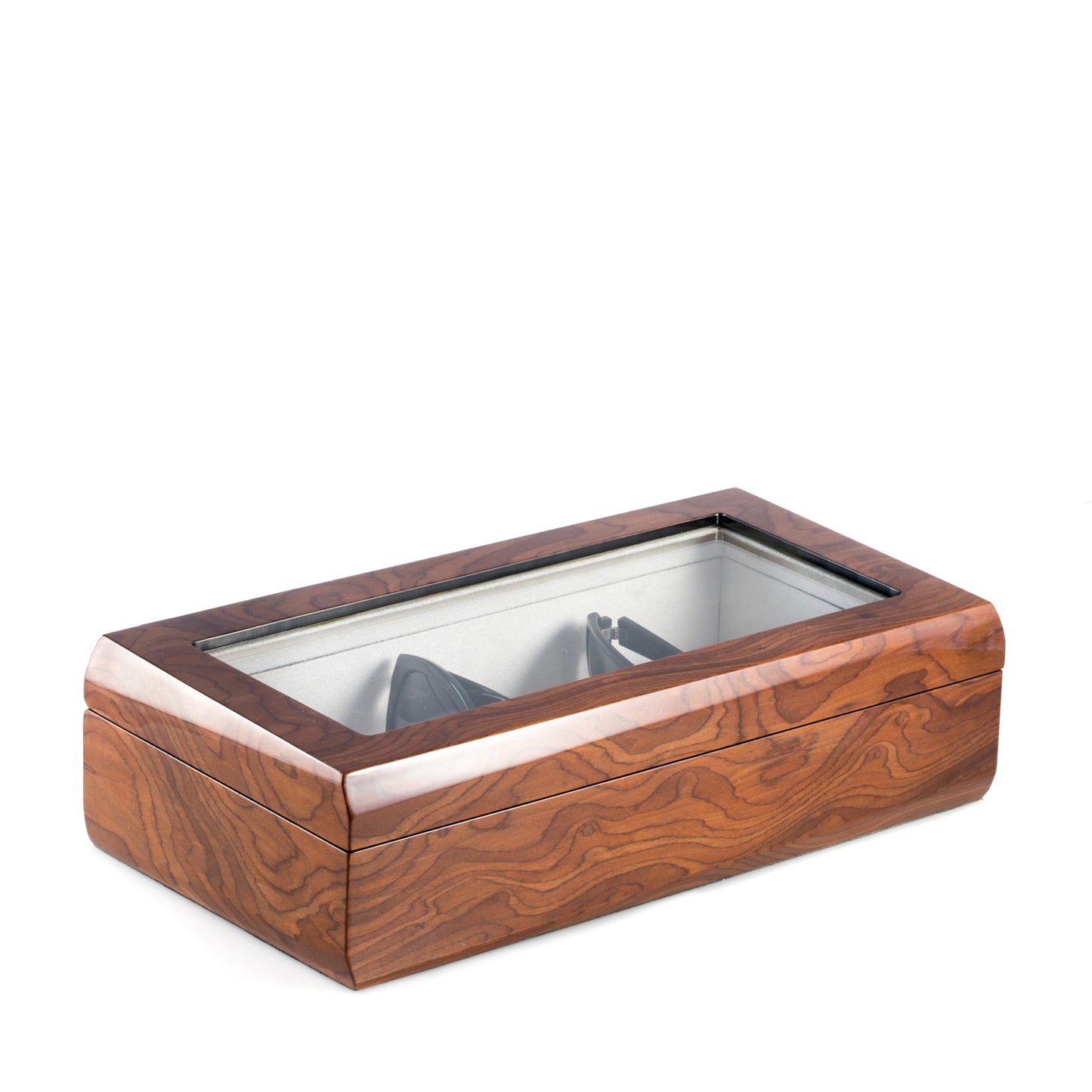 Occasion Gallery Brown Color Lacquered Brown Burl Wood Multi Eyeglass Case with Glass Top and Velour Lined. 13.5 L x 7.15 W x 3.75 H in.