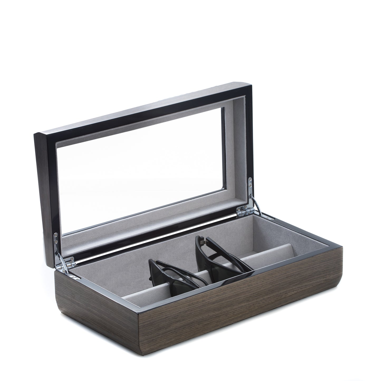 Occasion Gallery Gray Color Lacquered "Silver Walnut " Wood Multi Eyeglass Case with Glass Top and Velour Lined. 13.5 L x 7.15 W x 3.75 H in.