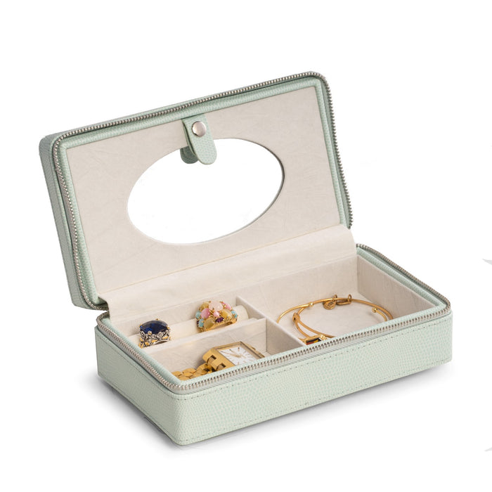 Occasion Gallery Aqua Blue Color Aqua Blue "Lizard" Debossed Leather Travel Jewelry Box with Zippered Closure. Features Slots for Rings, Mirror on Center Divider, Hanging Hooks Under Lid and Soft Velour Lined. 7.5 L x 7.25 W x 2.5 H in.