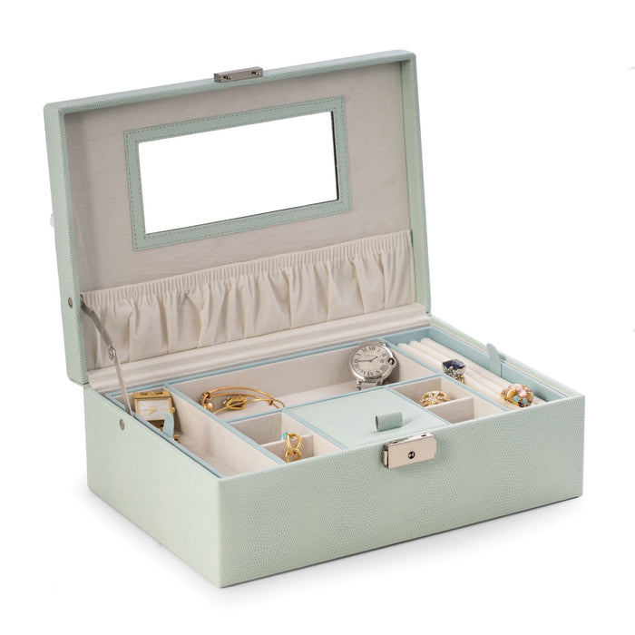Occasion Gallery Aqua Blue "Lizard" Debossed Leather Jewelry Box, Velour Lining, Mirror Under Lid & Locking Clasp. Valet Tray on Top w/ Multi Divided Compartments, Slots for Rings & Hinged Compartment. Large Divided Compartments.  12 L x 8 W x 1.25 H in.