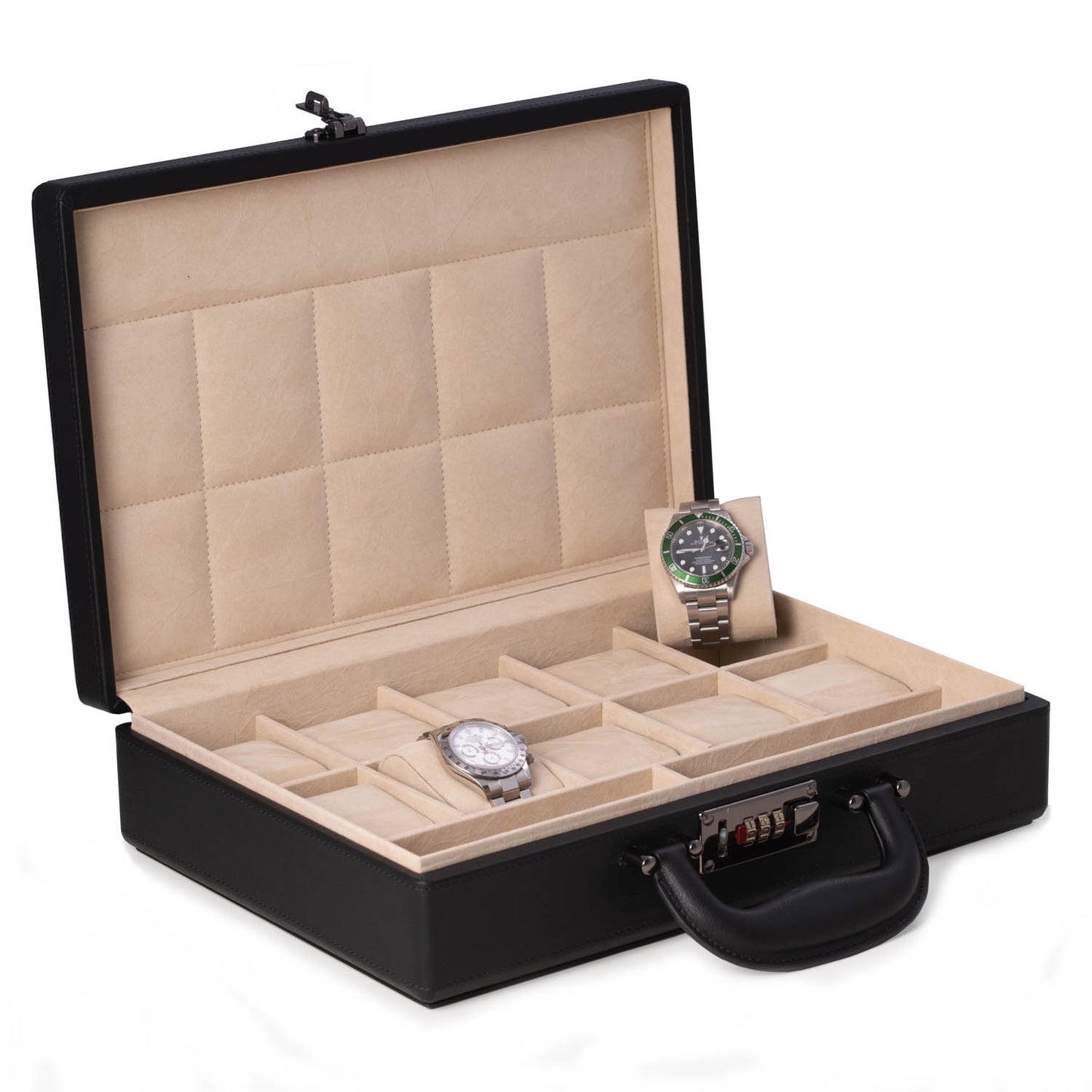 Occasion Gallery Black Color Black ten watch storage box briefcase with handle and combination lock 13.5 L x 3.5 W x 9.5 H in.