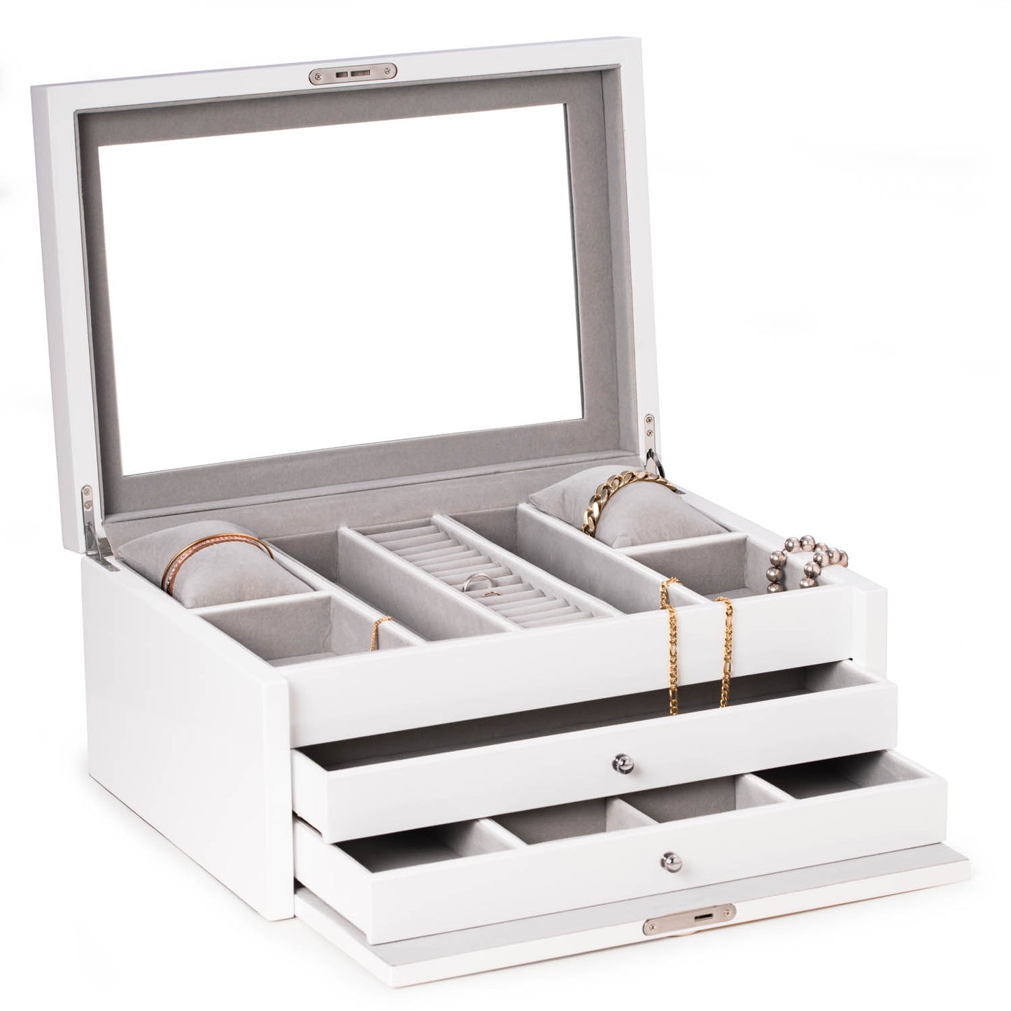Occasion Gallery White Color White lacquer large jewelry chest with multi-compartment storage 15.75 L x 11.25 W x 7 H in.