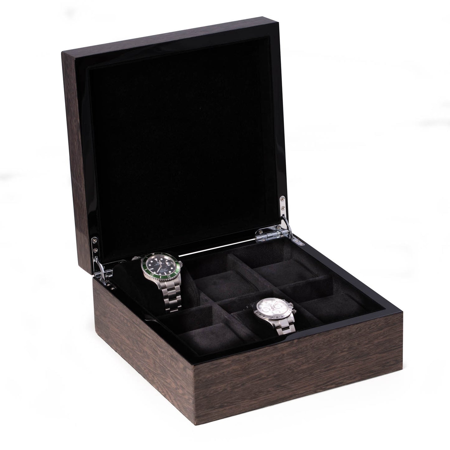 Occasion Gallery Grey Color High lacquered Italian veneer watch box with storage for up to six watches 9 L x 9 W x 4 H in.